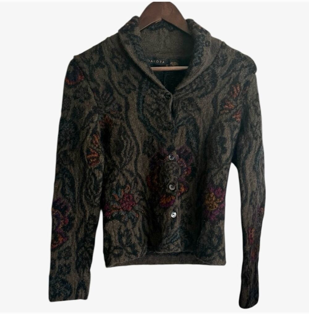 Dakota Hand Loomed Grey Floral Alpaca Cardigan Sz S